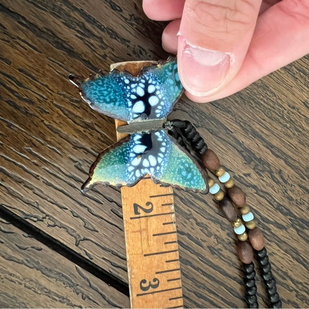 Vintage Copper Butterfly Gold Tone Black Blue White Pendant Beaded Necklace - Picture 10 of 10